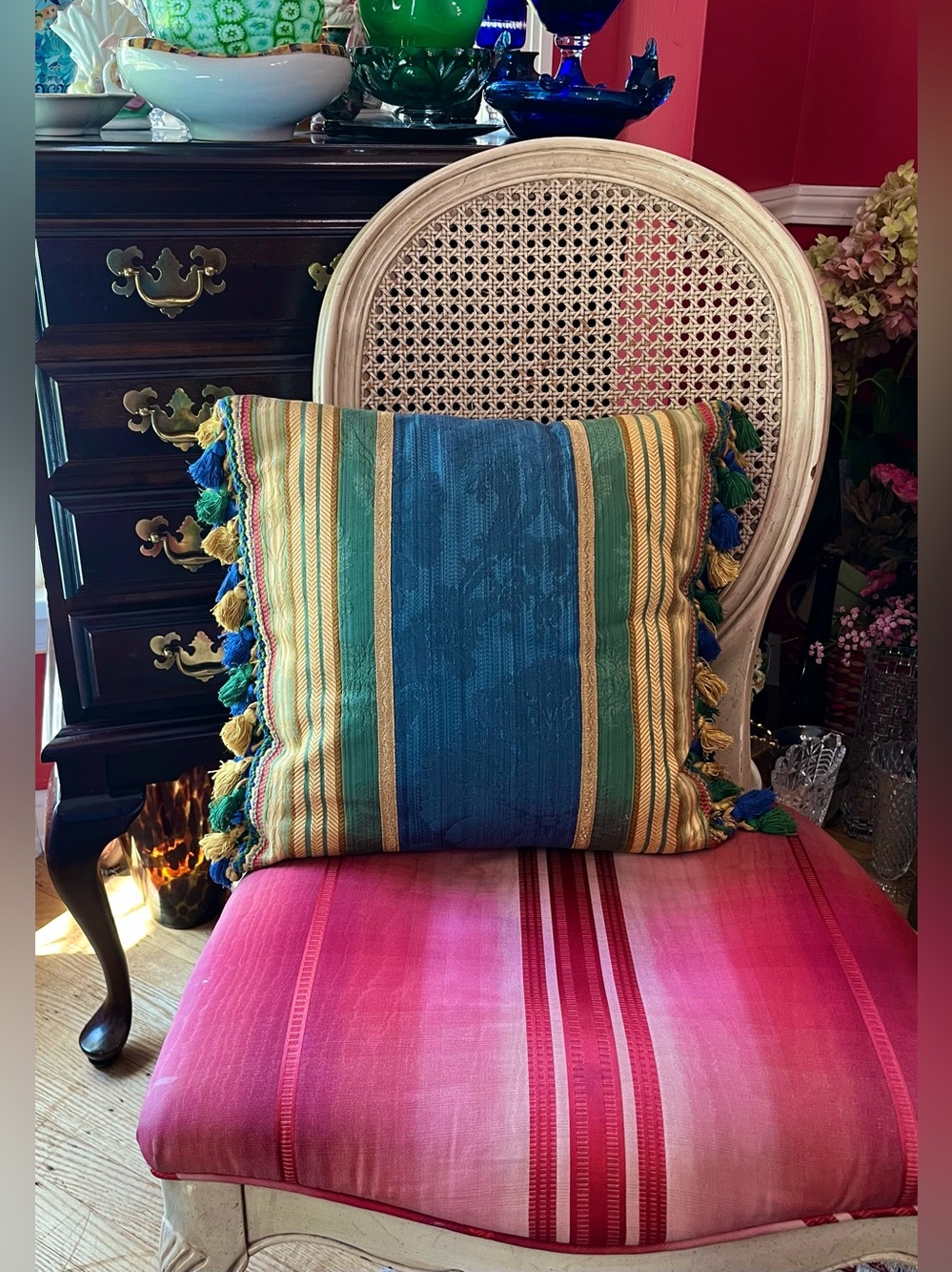 VTG Passamaneria Toscana Italy Striped Silk Brocade Cushion w Tassel Fringe
